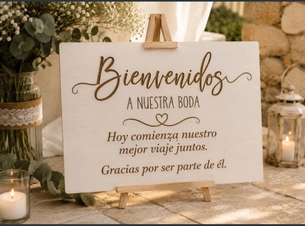 Cartel de bienvenida para boda personalizado en madera