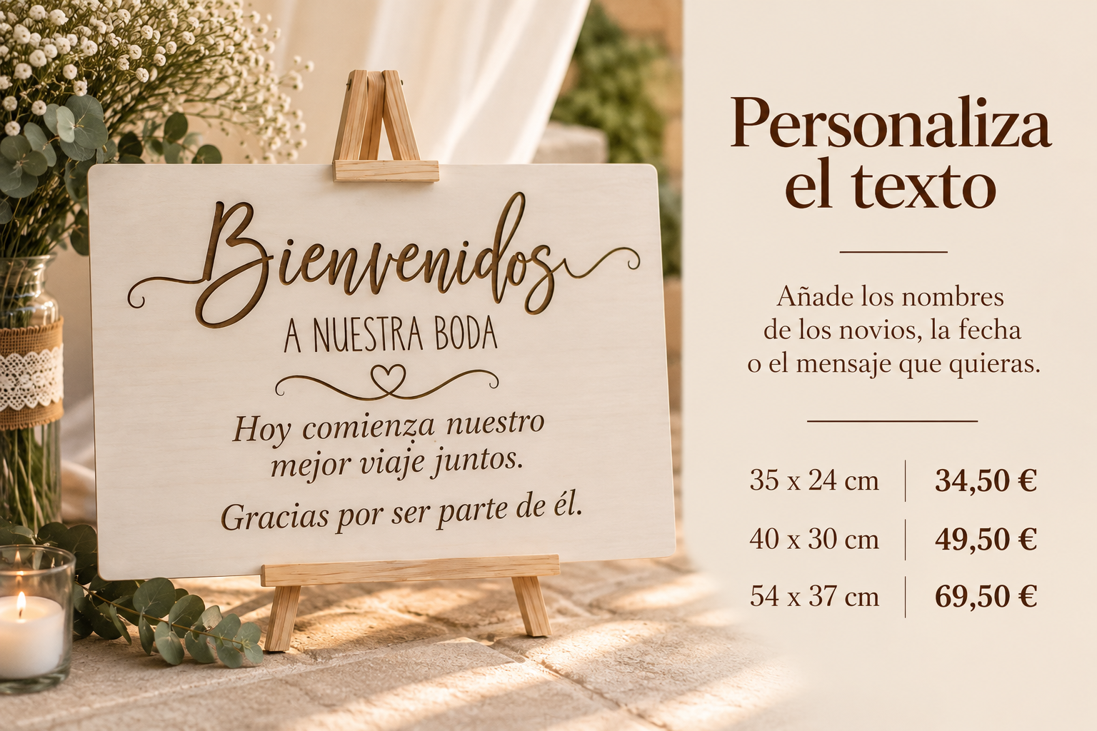 Cartel de bienvenida para boda personalizado con medidas y precios