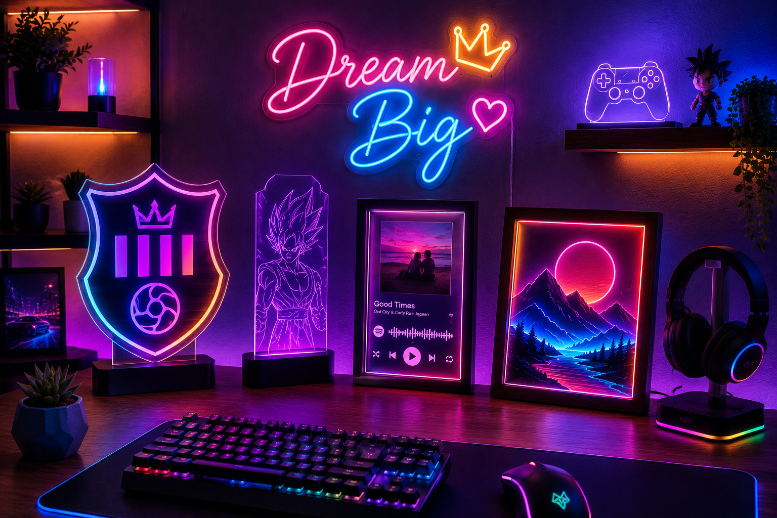 Decoración LED personalizada con neones, cuadros iluminados y accesorios gaming