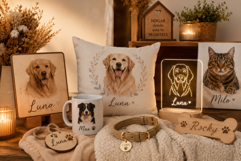 Regalos personalizados para mascotas con cuadros, cojines y decoración LED