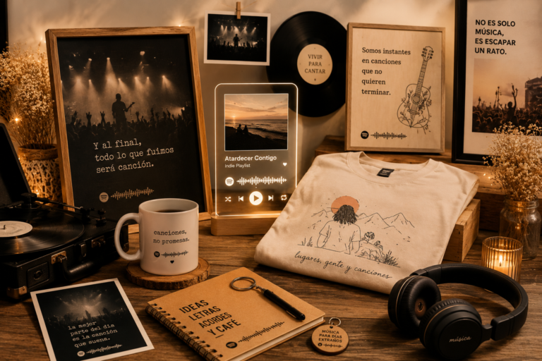 Descubre regalos musicales personalizados inspirados en la estética indie: cuadros, camisetas, placas Spotify, decoración LED y detalles únicos para amantes de la música.