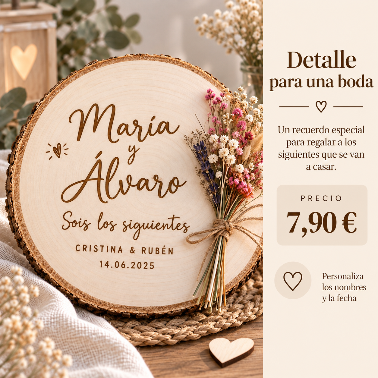 Rodaja de madera Sois los siguientes personalizada con nombres para boda