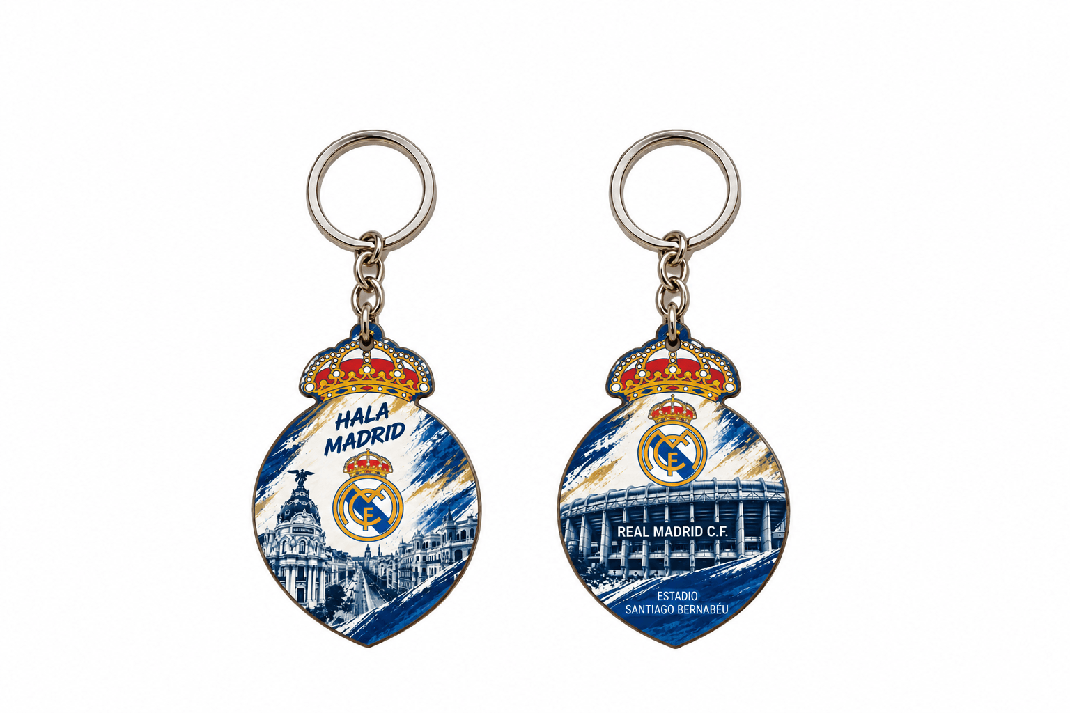 Llavero Real Madrid con escudo y Santiago Bernabéu