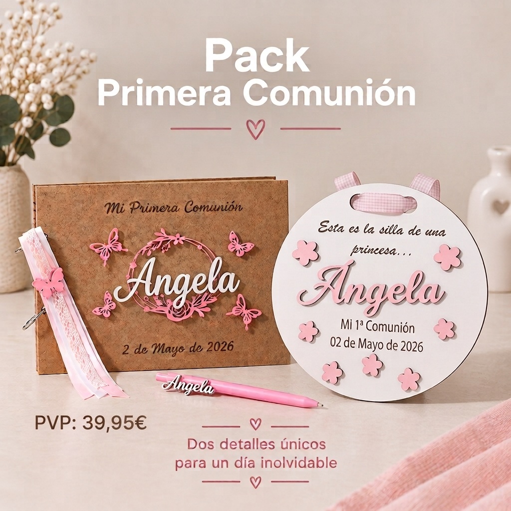 Pack de Primera Comunión personalizado con libro de firmas y cartel para silla