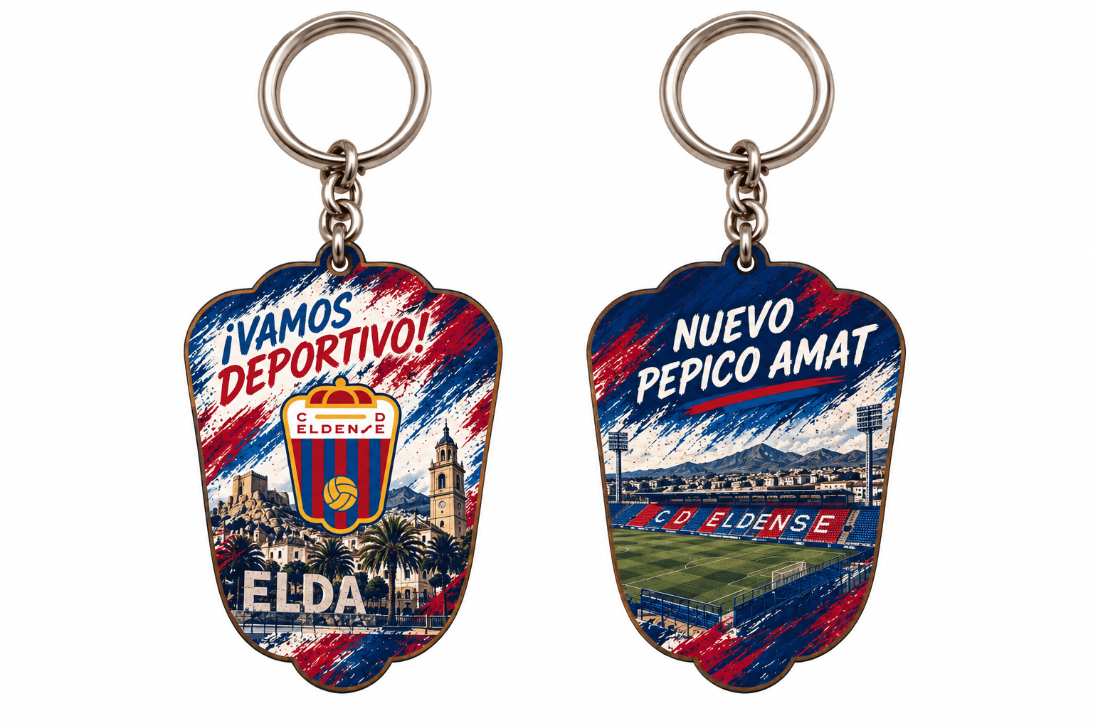 Llavero CD Eldense con escudo, Elda y Nuevo Pepico Amat