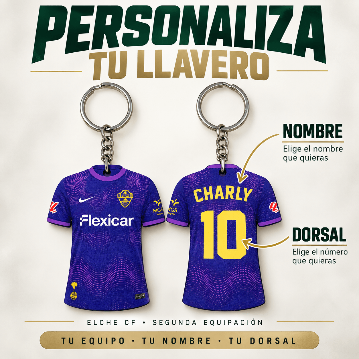 Llavero camiseta Elche CF personalizado con nombre y dorsal